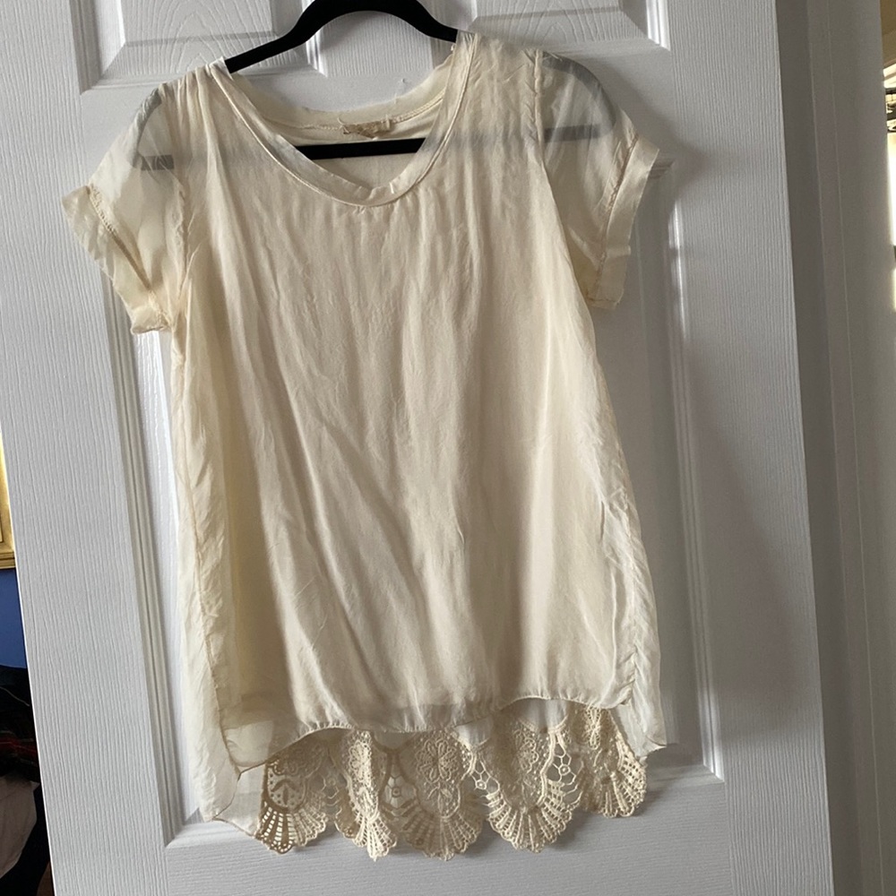 Guisy 100% sheer silk top with cotton under shirt embroider crochet back